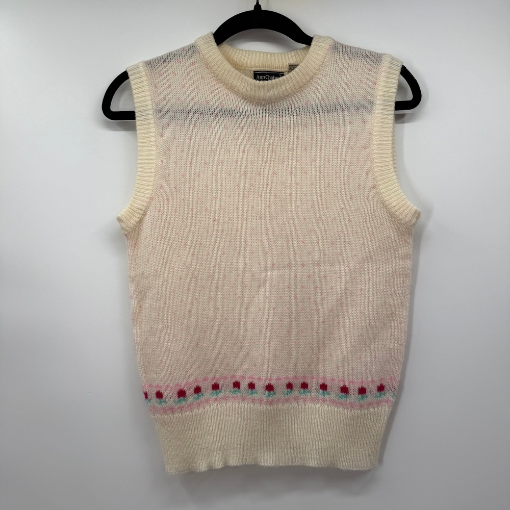 Ann Chabrol Womens Large Sweater Vest Cream Pink Floral Knit Vintage Sleeveless